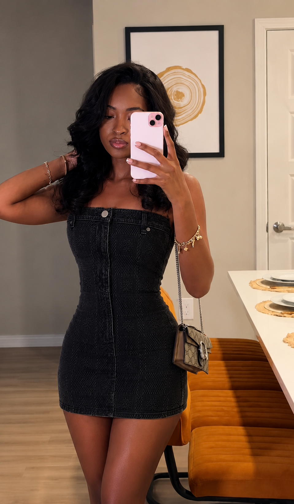 Arcia Daion “Lumière Damier” Denim Bodycon Mini Dress Monogram