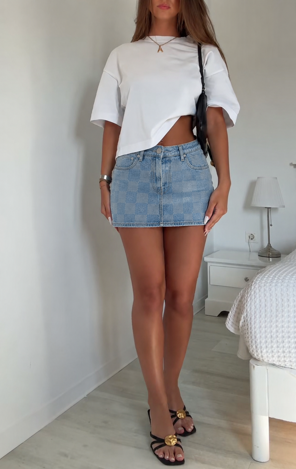 Arcia Daion “Lumière Damier” Denim Mini Skirt Monogram