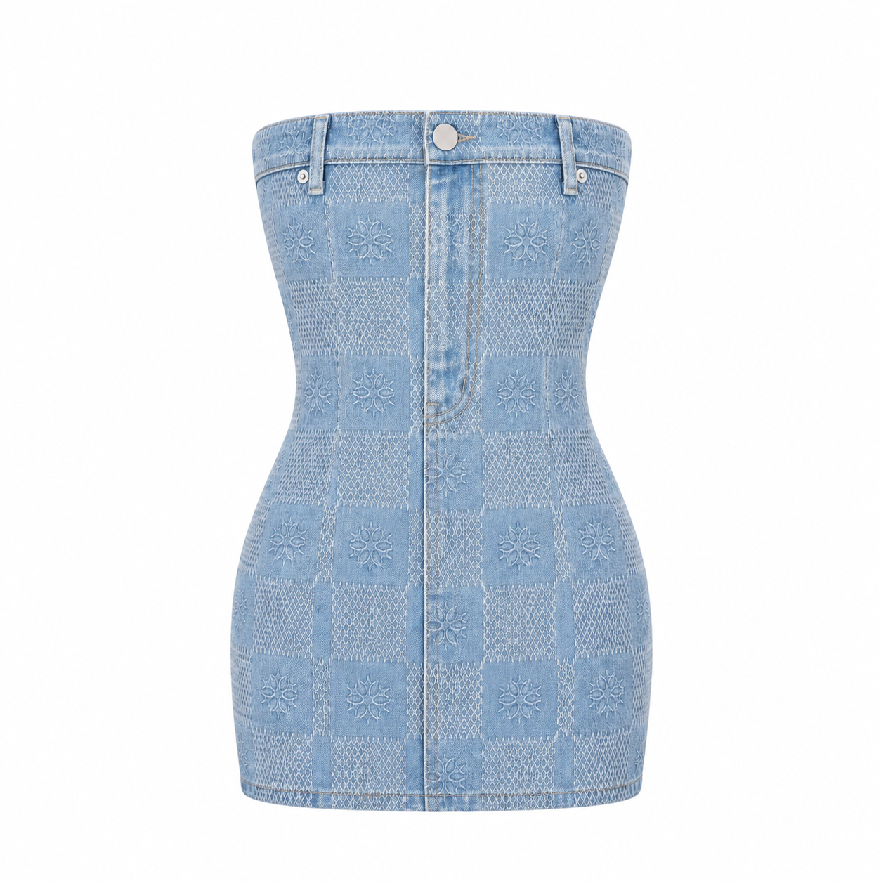 Arcia Daion “Lumière Damier” Denim Bodycon Mini Dress Monogram